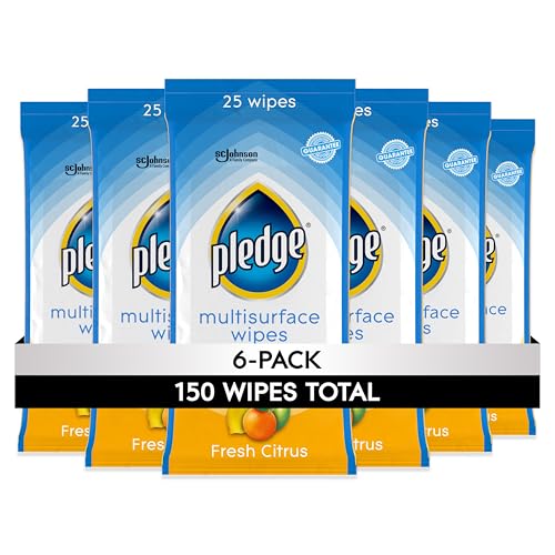 Pledge Multi-Surface Furniture Polish Wipes Works on Wood Granite and Leather Cleans and Protects Fresh Citrus - Pack of 6 (150 Total Wipes)