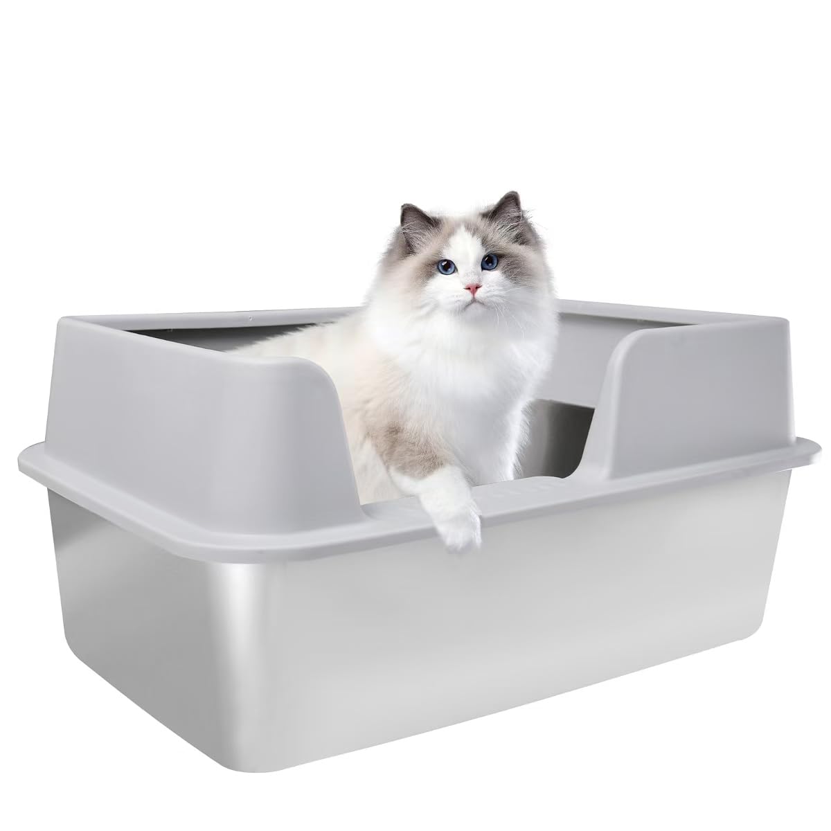 Lettiera per gatti XXL, 50 x 35 x 25 cm, in acciaio inox, grande a prova di perdite e facile da pulire, mai odori, antiruggine (grigio chiaro, 50 x 35 x 25 cm)