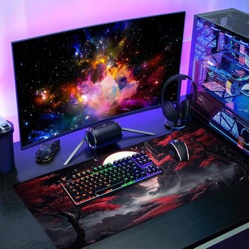 Image of Black Red Japanese Mouse Pad XXL Moon Sakura Cherry BLoosm Tree Extended Table Mat 90X40 cm Non-Slip Rubber Base Stitched Edge Large Mousepad for Gaming Laptop Computer Desk Top 35.4x15.7 Inch
