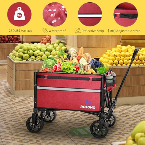 Image of ROSONG Collapsible Wagon Cart with Wheels Foldable - Folding Utility Heavy Duty Wagons Carts for Grocery Sports Garden Shopping Camping Wheelbarrows, Burgundy