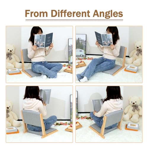 Image of HollyHOME Foldable Japanese Style Floor Chair with Back Support, Wood Legless Tatami Chair with Cushion, Accent Meditation Seat for Bay Window, Living Room, Bedroom, Light Grey
