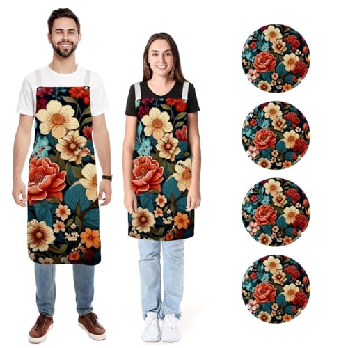 Tabliers de cuisine imperméables réglables 2 poches homme femme fleurs