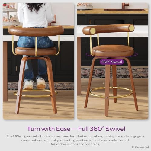 Image of Swivel Bar Stools Set of 2, 26 inch Counter Height Bar Chair, Barstools (Brown) | TYBOATLE, Mid-Century Modern, Faux Leather, Bent Wooden Legs, Golden Footrests, Island, Kitchen