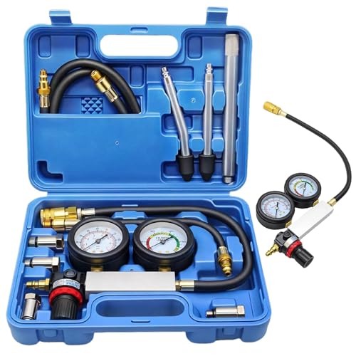 Testeur de compression à essence avec tige d'extension, 0-100 PSI | 0-7 bar, double manomètre, kit d'outils de détection de fuite pour test de pression et test de taux de fuite pour voiture, camion