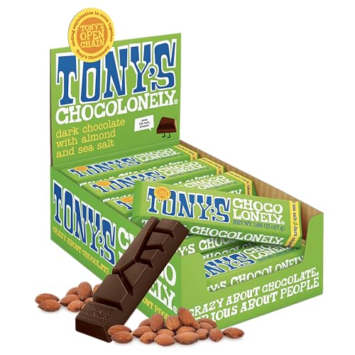 Tony’s Chocolonely Belgian Dark Chocolate Candy Bar With Almonds & Sea Salt, Chocolate Bars for Snacks, Party Favors, Gifts, Vegan, 51% Cacao, Made From Quality Fairtrade Cocoa, 20 Bars, 1.66 Oz Each - image 1