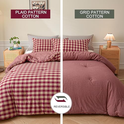 Image of Cyusri Cotton Plaid Queen Comforter Set - Soft Lightweight Bedding 3 Pieces Dyed Bed Set with 2 Pillow Shams,Reversible All Season Farmhouse Down Alternative(Queen Size 90 inchx90 inch Retro Red)