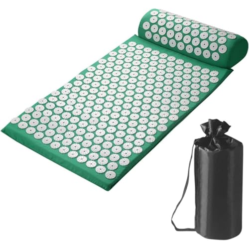 シャクティ指圧ヨガマット(スパイク式) 20 分リラクゼーション 枕付き + 専用ケース エクササイズ・マッサージ兼用 ストレス解消 サイズ 65413cm (グリーン)