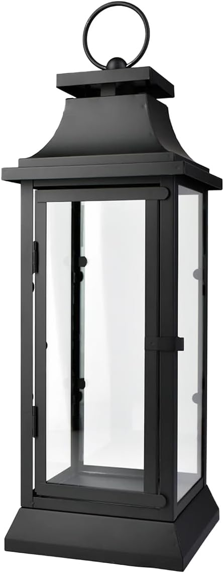 SereneSpacesLiving 20" Black Metal Hurricane Lantern Clear Glass Panels - Hanging Tabletop Decor for Weddings Parties Indoor Outdoor Home 7.75" Square