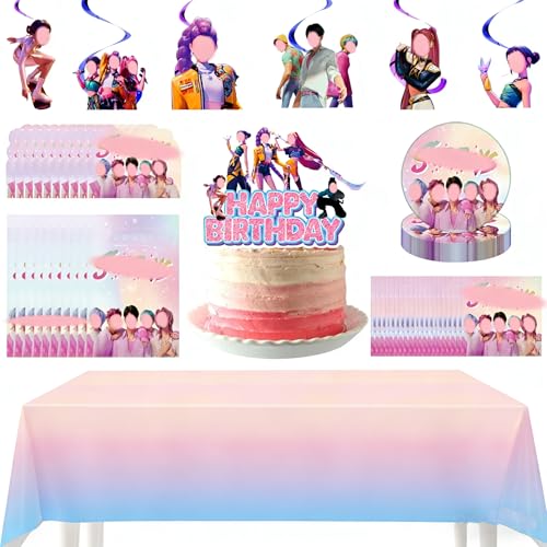 ZXTGBQ 58 Peças Decoração de Aniversário, Loiça de Festa de Aniversário com Pratos, Guardanapos, Convites, Toalhas de Mesa, Bandeiras, etc (Rosa), Presente para Fãs de Anime Crianças/Jovem