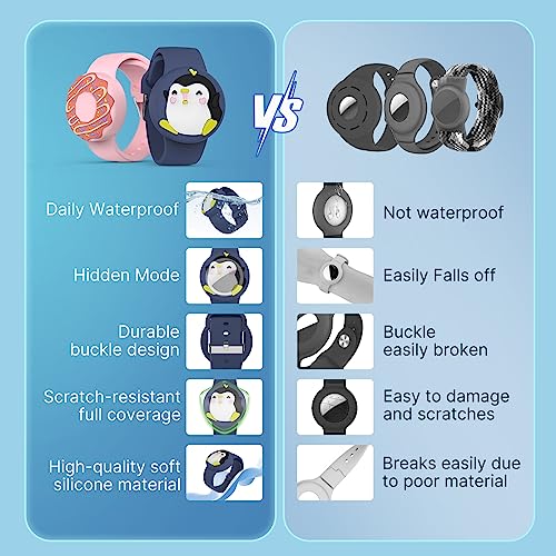 Waterproof Air tag Bracelets for Kids (2 Pack) - Soft Silicone Hidden Air tag Wristband - Lightweight GPS Tracker Holder Compatible with Apple Airtag Band for Child (Penguin/Donut)