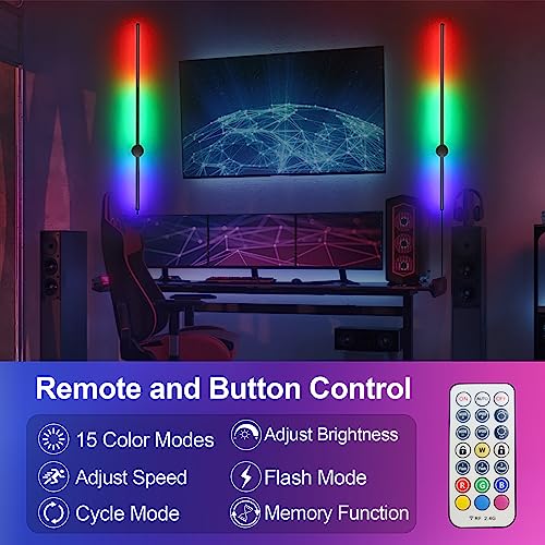 Image of RGB LED Wall Sconces Set of Two with Remote, 15 Color Modes, Dimming, DIY 180 Rotate, Black Plug in Wall Sconces with Warm Light, Dynamic Multicolor Ambience Lights, Plug in Wall Light, 39.4 Inches