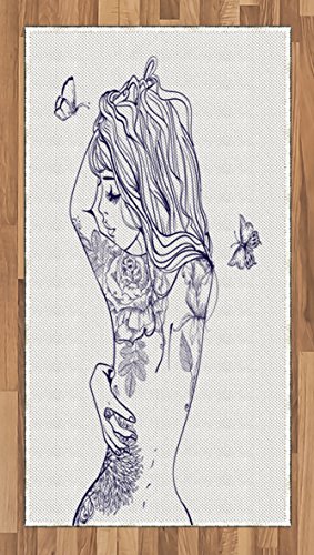 Ambesonne Tattoo Area Rug, Woman with Floral Butterfly Beauty Leaves