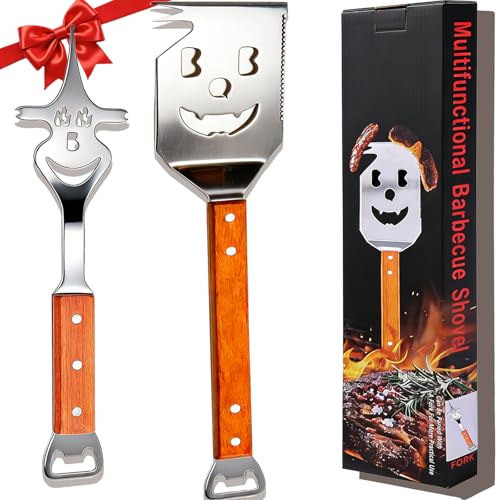 BBQ Gift for Men Dad Husband Fathers Day Birthday Grill Gifts 7 in 1 Grill Spatula & BBQ Turners with Wooden Handles BBQ Accessories with Meat Hook Funny Grill Tool Set for Outdoor Cooking Camping