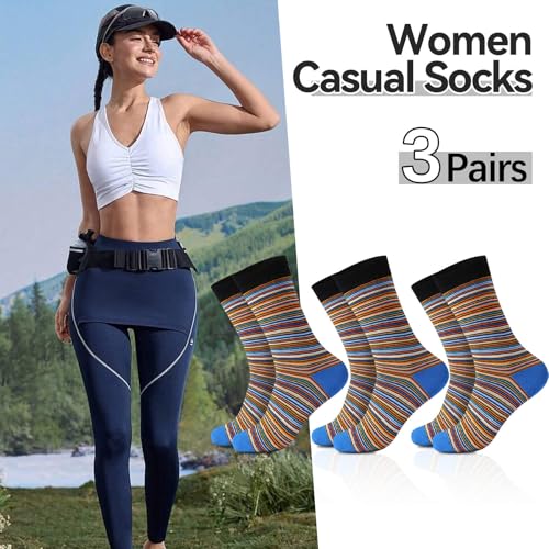 NKMOOS Colorful Striped Socks Women Cotton,Thin Blue Women's Crew Socks Size 9-11,Fashion Funny Novelty Classic Soft Casual Breathable Holiday or Birthday Gifts for Women Sock for Trouser 3 Pairs — view 3
