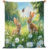 Kuscheldecke 130 x 150 cm Flauschig Couch Überwurf Decke Fleecedecke Tagesdecke Kuschelige Weiche, Cartoon-Kaninchen Wiese Muster Decke Frühling Sommer Herbst Winter Vier Jahreszeiten, Hellgrün