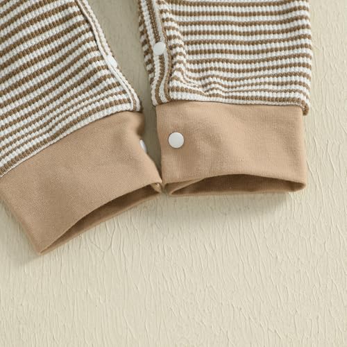 Kuriozud Newborn Infant Unisex Baby Boy Girl Clothes Button Romper Jumpsuit Basic One Piece Outfits Striped Striped Long Sleeve with Hat Khaki, Newborn