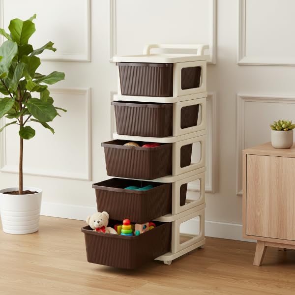 Image of KITCHIVO Heavy Duty Plastic Storage Drawer with Wheels | Modular Cabinet for Bedroom, Office, Home or Classroom| Chest of Drawers Organiser for Cosmetics, Kitchen items, Toys (Brown, 5)