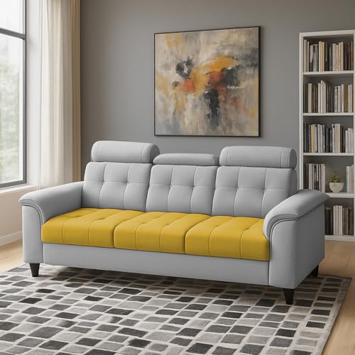 Image of Casaliving Ella 3 Seater Sofa Set for Living Room (Yellow Grey Colour Fabric) Premium Fabric Sofa