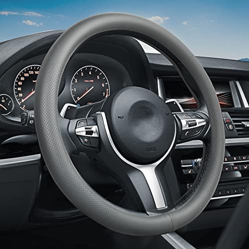 VARGTR Car Steering Wheel Cover,Universal 15 Inch Premium Leather Car Steering Wheel Cover,Best Grip,Perforated Design,Breathable,Non-Slip,Sweat-Absorbent,Warm in Winter and Cool in Summer (Gray)