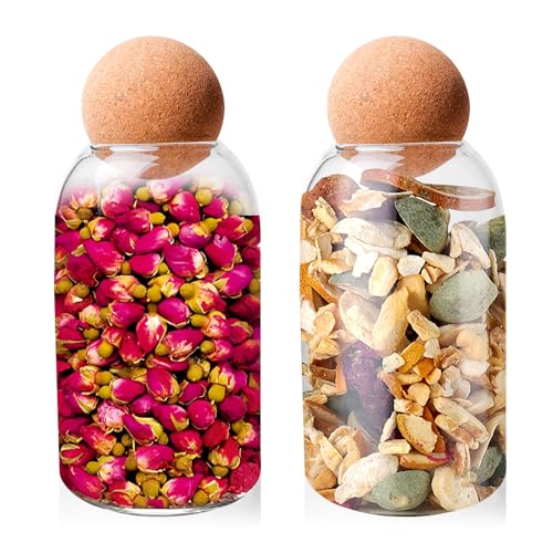 PORFOYO 2 Pcs Boîtes de Conservation En Verre, avec Bouchon En Liège, Bocaux En Verre, Bocaux Rangement Cuisine, 800ml, pour Aliments En Sucre Et Café - Pour Pâtes, Riz, Farine, Avoine, Noix, Thé