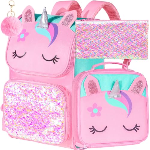 Image of KLFVB 3PCS Backpack for Girls and Boys, 15 inch Unicorn Dinosaur Bookbag with Lunch Box, Kids Preschool School bag