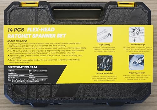 Enventor 14PCS Flex-Head Ratchet Spanner Set - Metric, 6mm to 19mm Ratcheting Combination Wrench Set with Carry Case, Chrome Vanadium Steel - 72-Teeth, 5° Swing Arc 10 Enventor 14PCS Flex-Head Ratchet Spanner Set - Metric, 6mm to 19mm Ratcheting Combination Wrench Set with Carry Case, Chrome Vanadium Steel - 72-Teeth, 5° Swing Arc - Image 10