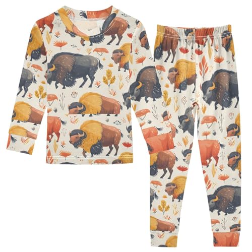 Pajama Sets Long Sleeve Bison Pattern with Floral Soft Comfy Sleepwear 2 Piece PJS 3-8T