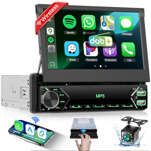Autoradio 1 Din Rabattable de 7 Pouces avec Dab sans Fil Carplay Android Auto, Podofo 1 Din écran Tactile Bluetooth autoradio avec Mirror Link EQ FM USB...