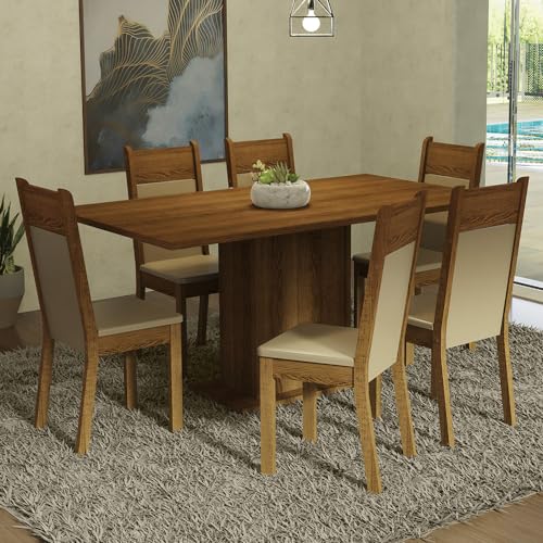 Image of Madesa 6 Seater Dining Set with Cushioned Seats Rectangular Table Top Sturdy Wooden 160 Cm for Dining Room and Kitchen - Brown /Beige