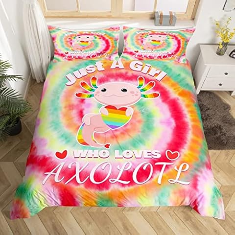 feelingyou Cartoon Axolotl Bedding Set Single,Rainbow Tie Dye Swirl Duvet Cover with 1 Pillow Sham Comforter Cover for Kids Boys,Watercolor Girly Style Quilt Cover Set Decorative 2 Pcs, Multi 12 Cover