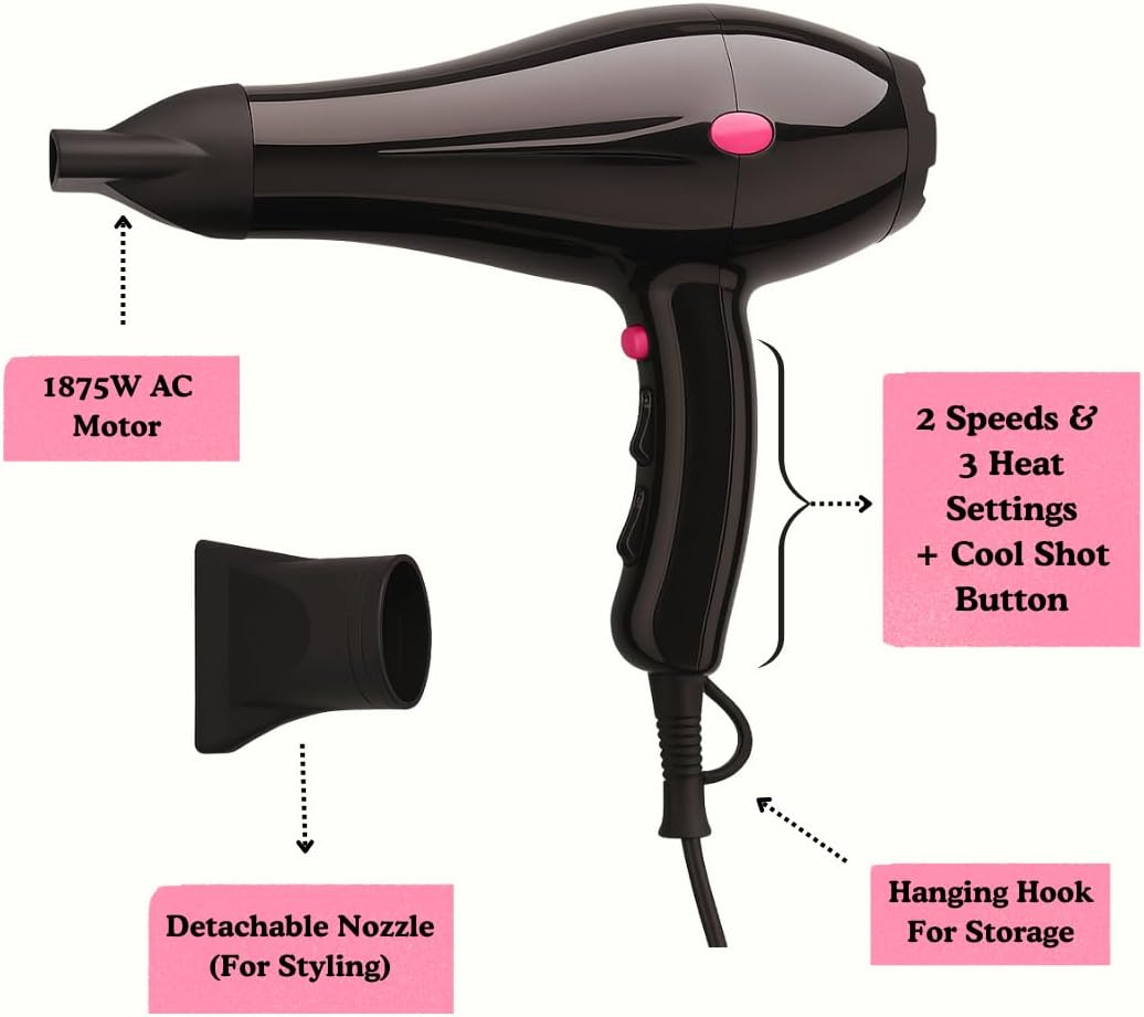 Pro Ionic Hair Dryer, Powerful 1875W Blow Dryer with 2 Concentrator Nozzle, Quick Drying Salon Hair Dryer, 2 Speed / 3 Heat Settings, Cool Shot Button, Hair Products for Women, Black
