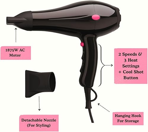 Miniatura 2 de Pro Ionic - Secador de pelo potente de 1875 W con 2 boquillas concentradoras, secador de pelo de salón de secado rápido, 2 velocidades/3 ajustes de