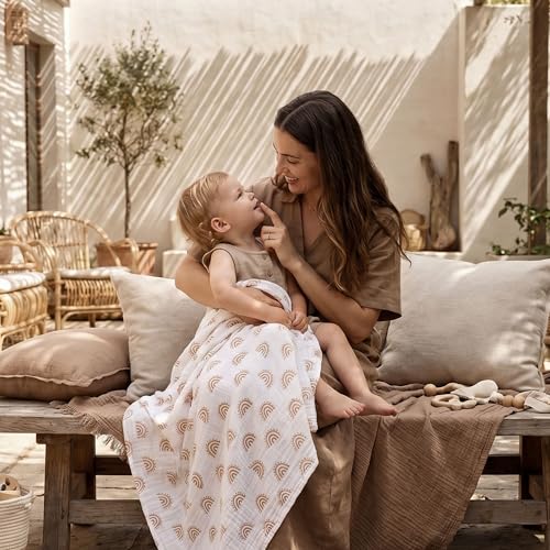 Image of Muslin Swaddle Blankets for Newborn, 3 Pack Breathable Soft Receiving Blanket, Large 38 x 40 inches Swaddle Wrap Burping Clothes Diapers, Essentials Infant Shower Items, Toddler Gift (Rainbow & Grid)