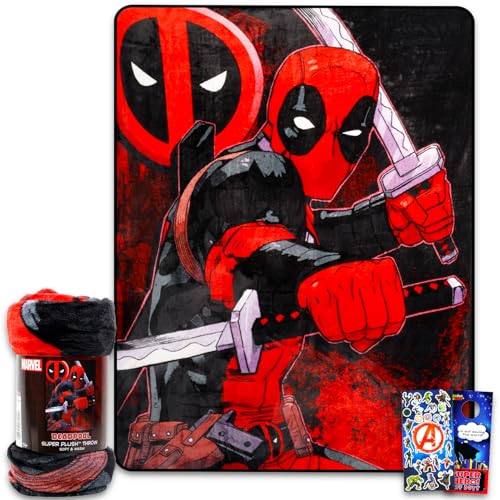 Marvel Deadpool Blanket Set - Bundle with 46 x 60 Superhero Blanket Stickers More | Deadpool Bedding Room Decor for Boys Kids