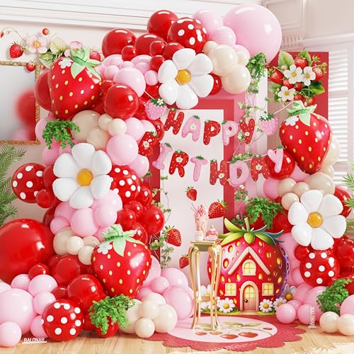 Kit arche de ballons rouge rose guirlande anniversaire thème fraise et marguerite