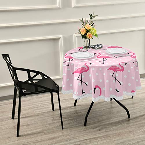 Staytop Tablecloth Beautiful Tropical Pink Flamingo Round Tablecloths Washable Dust-Proof Polyester Lace Table Cover For Kitchen Dinner Wedding 60 Inch #TOP6