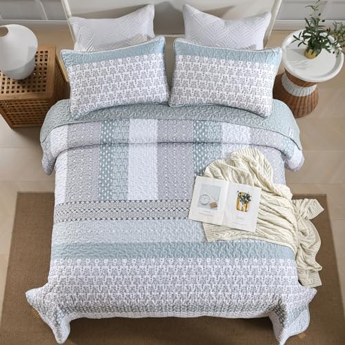 WONGS BEDDING Green Quilt King Size, Bohemian Stripe Quilt Sets 3 Pieces Boho Quilted Bedspread Set Lightweight Microfiber Coverlet Bedding Set All Season (104"x90")