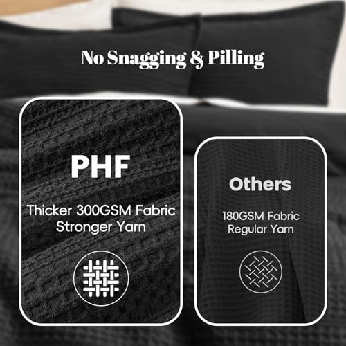Image of PHF Soft Waffle Comforter Set King Size- Comfy Breathable Waffle Weave Comforter with 2 Pillow Shams, 3 Pieces Less Snagging Lightweight Textured Bedding Set for All Season, Black