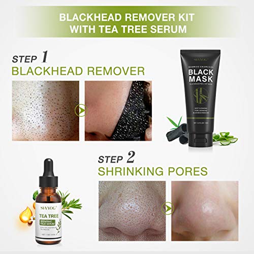 Blackhead Peel Off Face Mask, SHVYOG 3-in-1 Blackhead Remover Charcoal Mask with Brush & Tea Tree Serum, Purifying Deep Cleansing Black Mask for Blackheads, Dirt, Acne, Pores Shrinking (100g+30ml)