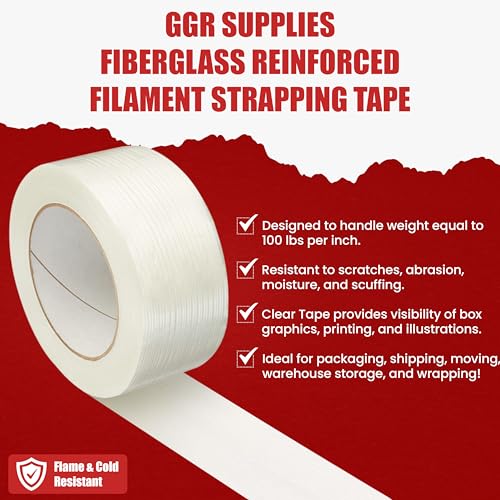 Image of GGR Supplies FIL-795 Mono /Uni-Directional Fiberglass Reinforced Super Resistant Heavy Duty Commodity Grade Filament Strapping Tape: 3 /4 in. Wide x 60 yds. (5.5 Mil) (Pack of 48)