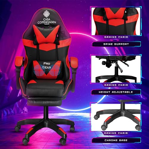 Image of Casa Copenhagen Designed in Denmark,High-Back Italian Leather Gaming Ergonomic Chair with Advanced Mechanism & Electric Back Massager, Memory Foam Seating & Multi Function Arm-Rest - Red & Black