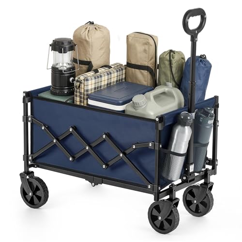 SONGMICS Carro de Mano Plegable, Carreta, Carrito de Jardín, Compacto y Pequeño, con Asa, con 4 Ruedas Reforzadas, 2 Universales, Carga hasta 180 kg, 90 L, Exterior, Azul Noche GFW909QE01