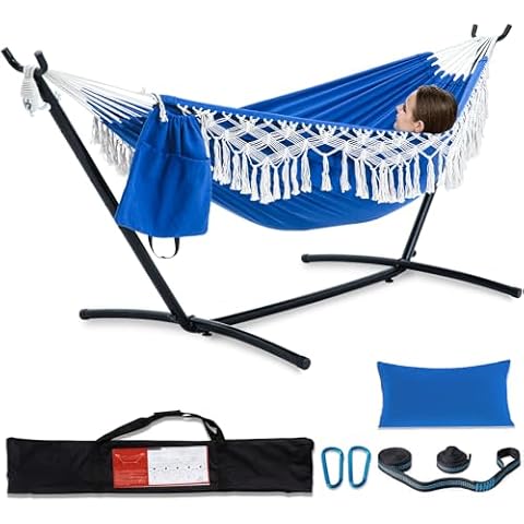 PNAEUT Handmade Tassel Hammocks, Double Hammock with Stand for Outside Indoor Outdoor, Max 450 lbs Capacity, Tree Straps & Carabiners & Pillow & Storage Bag and Portable Carrying Bag (Navy) Cover