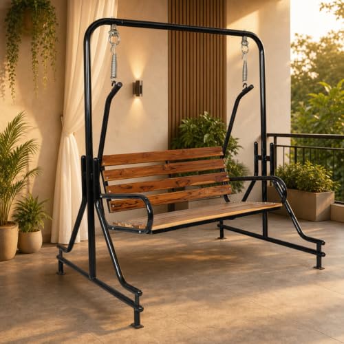 Image of Indoor Teak Wood Swing - Balcony Room Jhula with Iron Pipe, 2 Seater, 117 cm