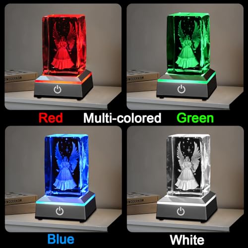 Image of 3D Guardian Angel Crystal Night Light with Multicolor LED Base Glass Laser Engraved Guardian Angel Figurines Statue Lamp Gifts for Women Friends Birthday Christmas Room Decor