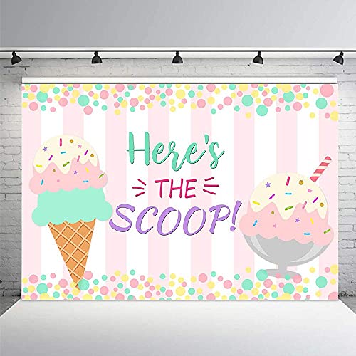 MEHOFOTO Ice Cream Photo Studio Background Princess Girl Birthday Here's The Scoop Party Banner Pink Stripes Colorful Polka Dots Photography Backdrops for Cake Table Supplies 7x5ft