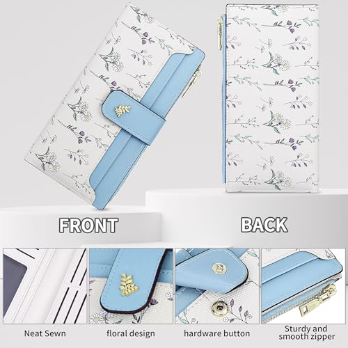 Image of Farcauo Wallet Women Slim Wallets for Women with RFID Blocking Cute Thin Blue Women's Wallet Kawaii Flower Womens Ladies Card Holder Wallets