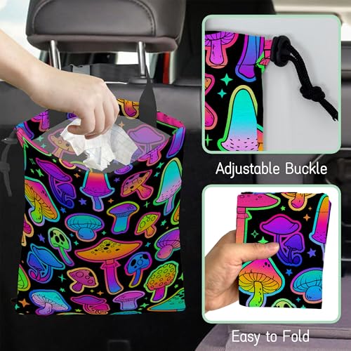 Image of Bright Mushrooms Car Garbage Bag,Colorful Mushroom Waterproof Small Car Trash Bag Hanging Back of Seat,Drawstring Hanging Car Trash Bag with Adjustable Buckle for Car Accessories