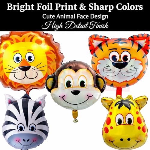 Image of Propsicle Jungle Safari Animal Foil Balloons Kids Birthday Decoration | Pack of 5 lion tiger zebra monkey giraffe 1st 2nd birthday boy girl annaprashan forest wild one cartoon animal photo backdrop