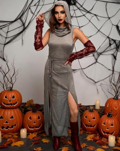 Image of Women's Gothic Sleeveless Hooded Dress Y2K Side Split Hollow Out Midi Dress Bodycon Cocktail Party Club Dresses
